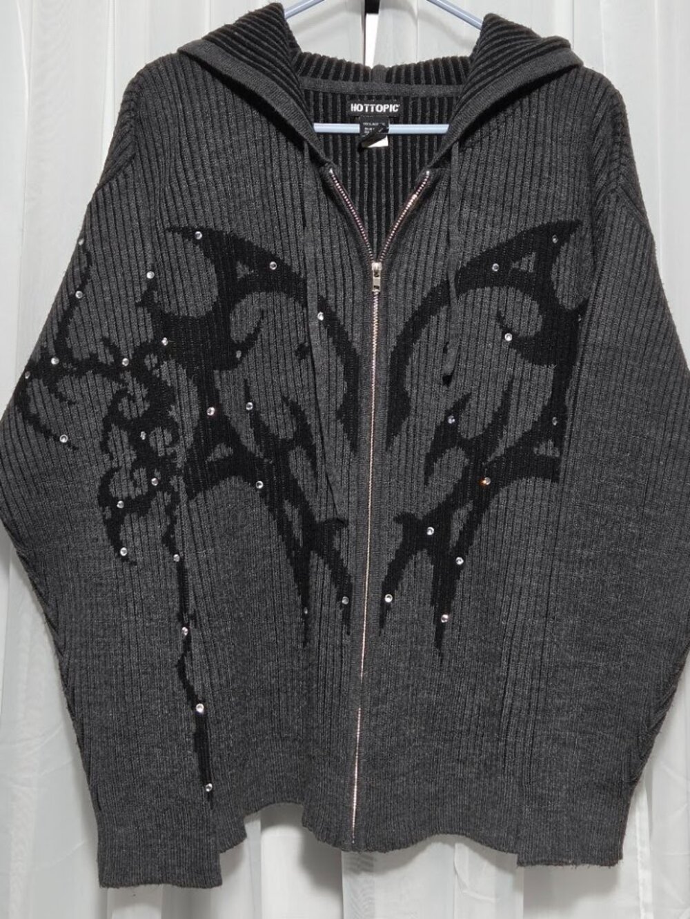 Hot Topic Grey Rhinestone Cyber Y2K Ribbed Knit Zip-Up Hoodie Large